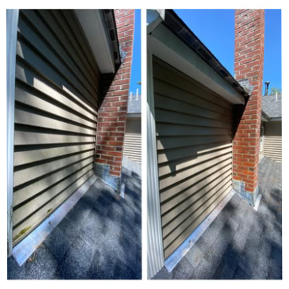 A before-and-after comparison of a house exterior with cleaned siding.