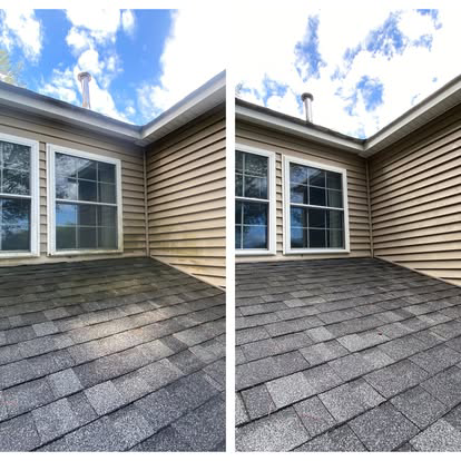 A before-and-after comparison of a house roof and siding.