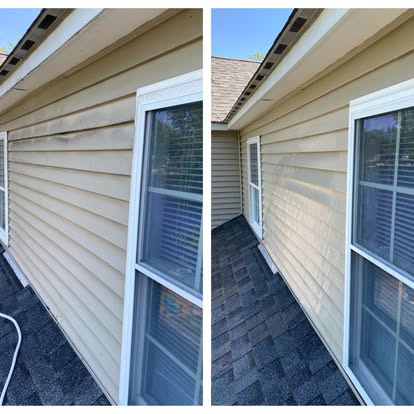 A before-and-after comparison of a house with dirty and clean siding.