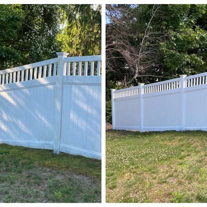 A before-and-after comparison of a white vinyl fence that has been cleaned.