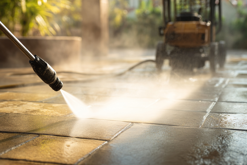 A person using a pressure washer to clean a outdoor floor.